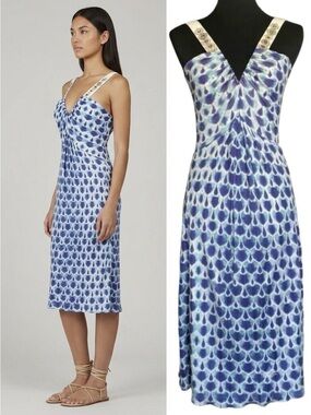 Alberta Ferretti Babydoll Cocktail Dress Sz.6 Blue White Designer Event Beaded